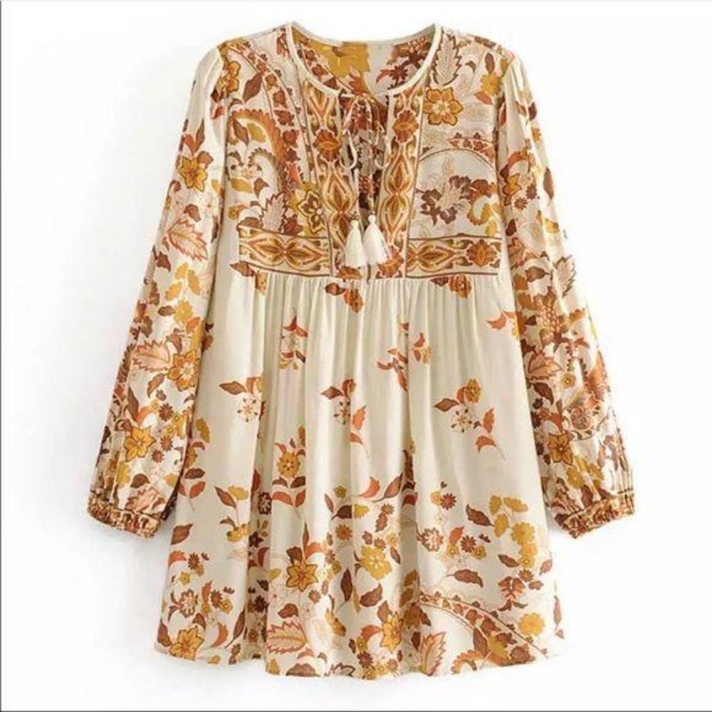 Bohemian Floral Print Tunic Peasant Top Yellow - Picture 4 of 8